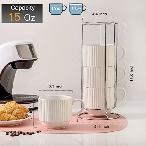 15 oz Ribbed Stackable Coffee Mug Set of 4 (White / 15 Ounces)