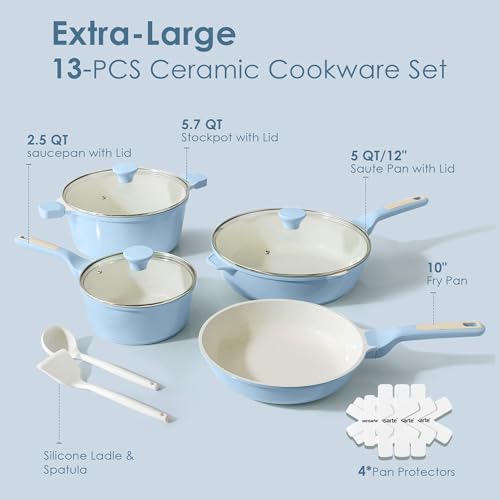 Nonstick Ceramic Cookware Set Large 13 (Light Blue)