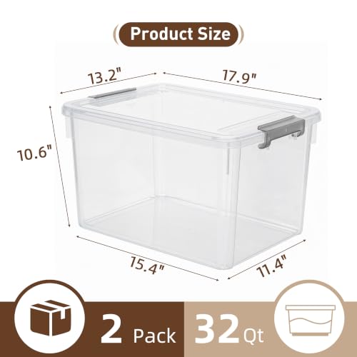 2 Pack 32 QT Clear Plastic Storage Bins with Latching Lids (Clear White / 2 PCS-32 QT)