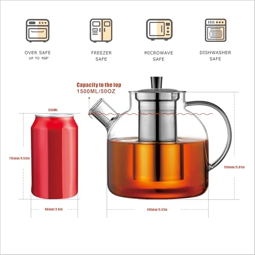 1500ml(50oz) Glass Teapot with Removable Infuser, Ehugos Stovetop Safe Large Tea Pot, Blooming and Loose Leaf Hand Crafted Kettle for Women and Adult with Stainless Infuser (Style 1-1500ML)