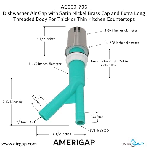 Dishwasher Air Gap with Skirted Satin Nickel Brass Cap and Extra Long Threaded Body for Thick or Thin Kitchen Countertops (AG200-706)