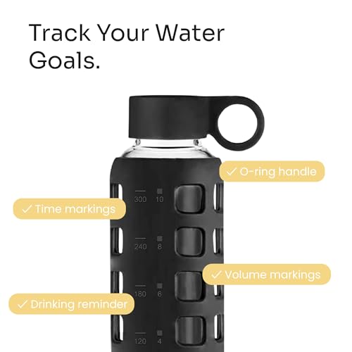 40oz / 32oz / 22oz / 12oz Borosilicate Glass Water Bottle with Time & Volume Markers, Silicone Sleeve, Stainless Steel Lid | Reusable Glass Bottle for Water & Juice (12oz Jet Black) (Jet Black (1 Count) / 12 Ounces)
