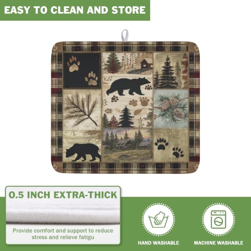 Black Bear Dish Drying Mat Forest Cabin Decorative Dishes Pad 16x18 Inch Absorbent Fast Dry Dish Drainer Rack Mats for Kitchen Counter Sink (Black Bear / 16" x 16")
