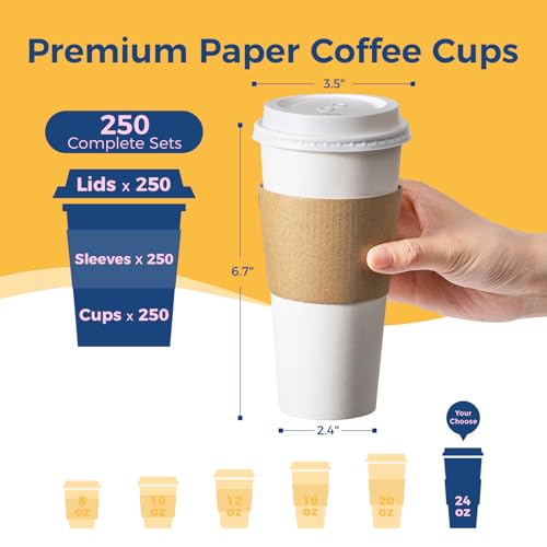 250 Pack 24 oz Disposable Coffee Cups with Lids (24 oz / Classic)