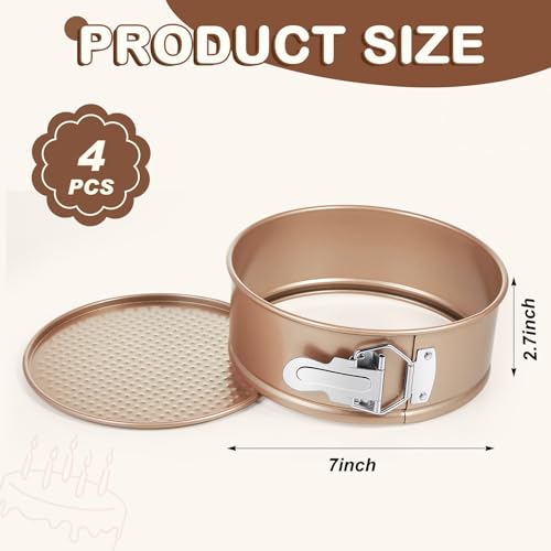4 Pcs 7 Inch Non Stick Springform Pan with Removable Bottom Carbon Steel Round Springform Cheesecake Pan with Stainless Steel Spring Buckles for Baking Kitchens Restaurant (Champagne Gold / 7 Inch)