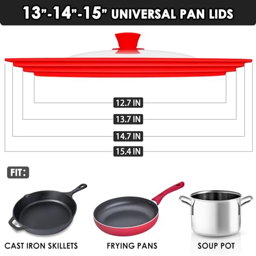 13-14-15 in Universal Pan Lid, Extra Large Silicone Pot Lid for Pots, Pans & Skillets, Replacement Frying Pan Lid with Heat Resistant Silicone Knob, Dishwasher Safe, Red (Red / 13''-14''-15'')