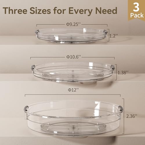 3 Pack Lazy Susan Organizer Turntable for Cabinet (Clear / 3 Pack 12in+10.6in+9.25in)