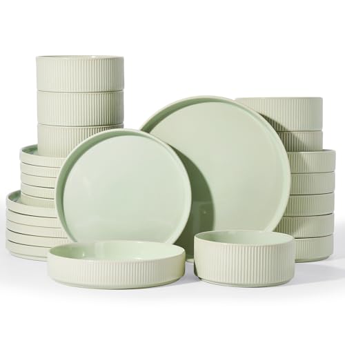 Stoneware Dinnerware Set with Pasta Bowls (Light Green / Service for 6 - Double Bowls)