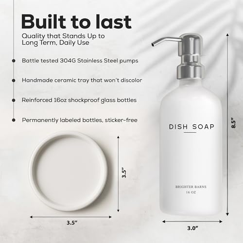White Glass Dish Soap Dispenser for Kitchen Sink by Brighter Barns (Silver D)