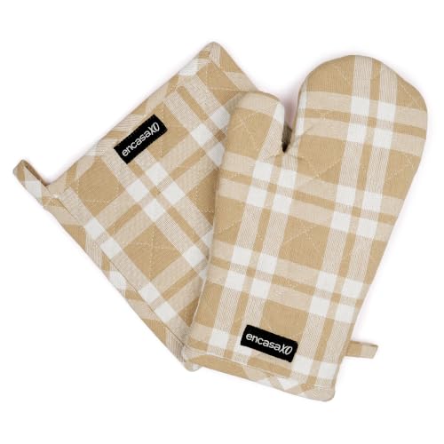 Oven Mitts and Pot Holders Set (Oven Glove + Pot Holder / Franca Beige Checks)