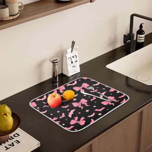 Halloween Dish Drying Mat for Kitchen Counter Absorbent Microfiber Small Drying Pad Dish Pink Bat Bow Mats for Kitchen Countertops 16 x 18 Inch (Halloween Bat Bow / 18" x 16")