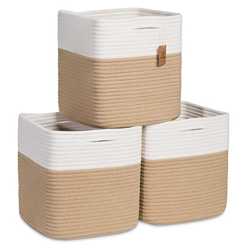 Storage Cubes 11 Inch Cotton Rope Woven Baskets for Organizing (Off White & Tan Brown)
