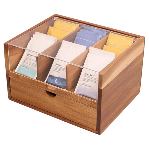 Acacia Wood Tea Organizer 2 Tier with Drawer (2-Tier Acacia Wood)