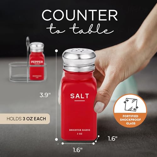 Red Salt and Pepper Shakers Set with Holder by Brighter Barns (Red)