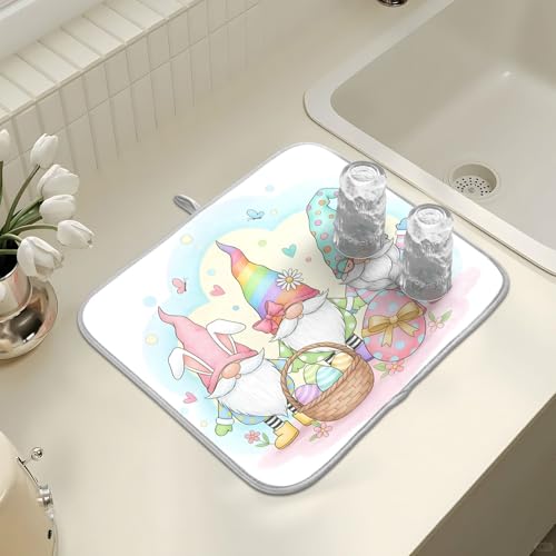 Colorful Easter Cute Gnomes Dish Drying Mat for Kitchen Counter Absorbent Microfiber Large Drying Pad Dish Mats for Kitchen Countertops 18 x 24 Inch (24" x 18")
