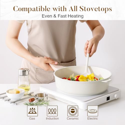 Nonstick Ceramic Deep Frying Pan Skillet with Lid (Cream Ceramic / 11 Inch)