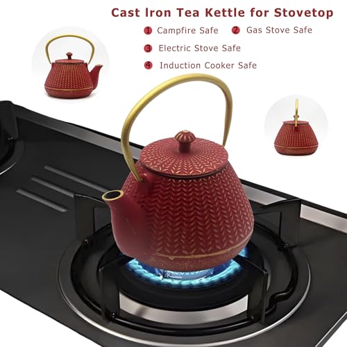 Small Cast Iron Tea Kettle for Stovetop Safe (Red, 1000ml/34oz)