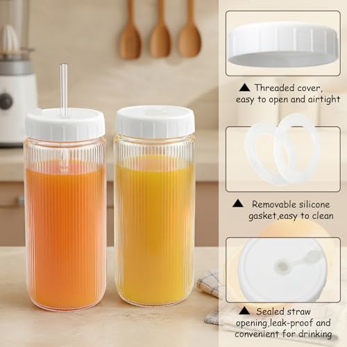12pack Stripe 16oz Glass Juice Bottles with Lids & Straws & Juicing Recipe (Transparent with Stripe / 16oz-12pack)