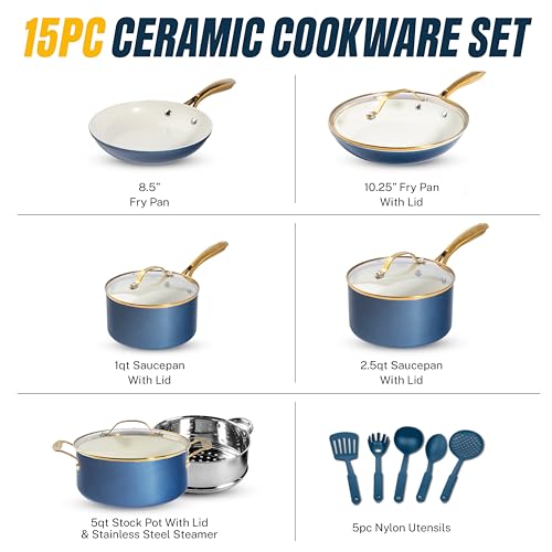 15 Pc Ceramic Pots and Pans Set Non Stick (Navy Cream / 15 Piece Set)