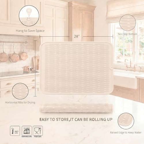 Silicone Dish Drying Mat for Multiple Usage (Tapioca / 28"L x 18"W)