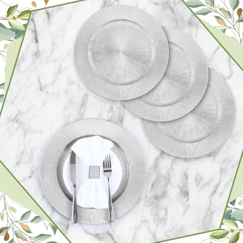 12 Pcs Silver Charger Plates 13 Inch Round Ruffled Rim Bulk (Modern Style / Silver)