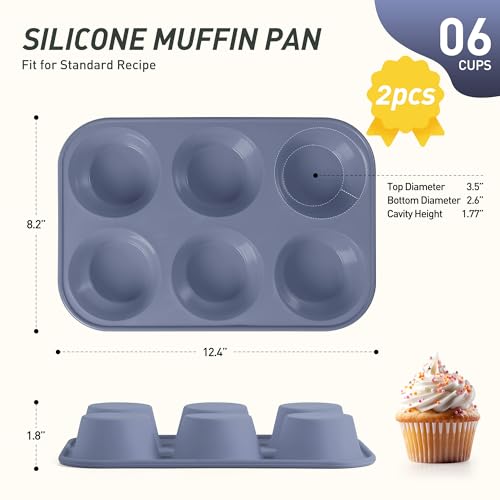 2 Pack 6 Cups Jumbo Muffin Pan with Metal Reinforced Frame Silicone Molds Egg Bites Silicone Circle Cookie Molds Extra Large Muffin Tin Jumbo Tart Pans Baking Sheet Set for Sandwiches (2pc: 6-Cup Jumbo / Morandi Pink and Morandi Blue)