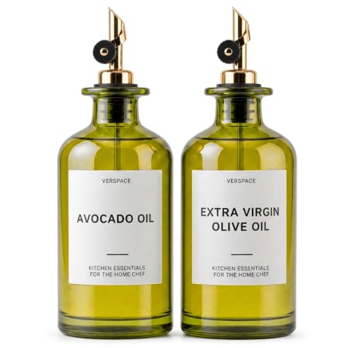 Green Glass Olive Oil Dispenser Bottles For Kitchen (Green/Gold / 17oz)