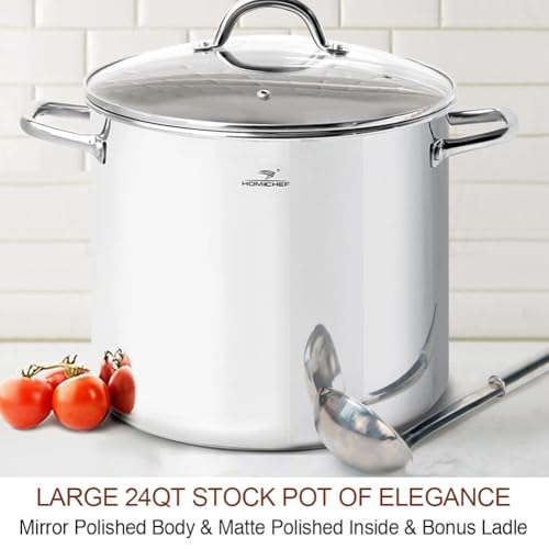LARGE STOCK POT 24 Quart With Lid (24 Quarts / Mirror Polished Stainless Steel)