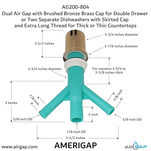 Dual Air Gap with Brushed Bronze Brass Cap for Double Drawer or Two Separate Dishwashers with Skirted Cap and Extra Long Thread for Thick or Thin Countertops (AG200-804)