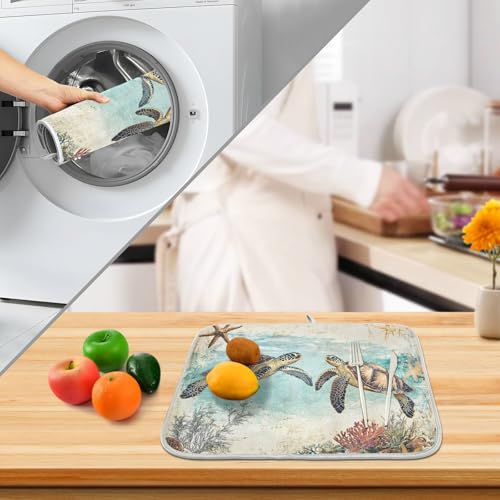 Vintage Ocean Sea Turtle04 Dish Drying Mat for Kitchen Counter Absorbent Microfiber Large Drying Pad Dish mats for Kitchen Countertops 18 x 24 Inch (Sea Turtle / 24" x 18")