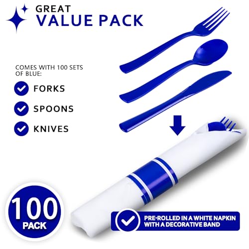 400PCS Pre Rolled Blue Plastic Silverware Set Heavy Duty for Wedding (Blue - Classic)