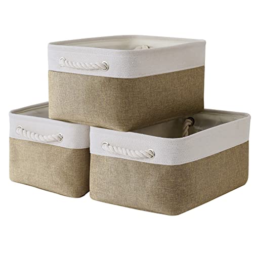 Storage Basket for Organizing (White & Khaki / 3PCS/Medium -13.8Lx9.8Wx6.7H)