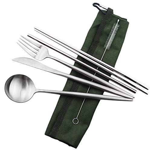 Reusable Travel Utensils (Green Pouch / Silver)