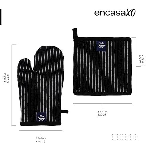 Oven Mitts and Pot Holders Set (Oven Glove + Pot Holder / Butcher Stripes Black)