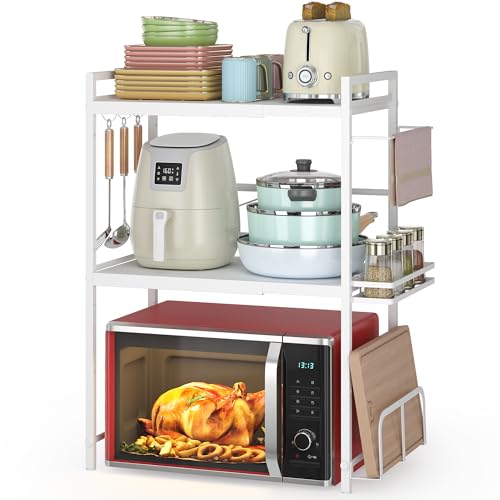 Expandable Microwave Stand Kitchen Countertop Organizer With Storage (White / 3 Tier (With Spice Rack))