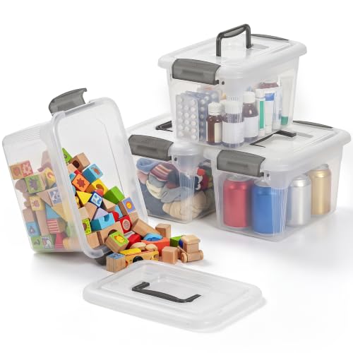 4 Packs 6 QT Storage Bins with Lids Clear Plastic Bins with Grey Handle Stackable Storage Containers for Organizing (6.0QT / 4 PACK)