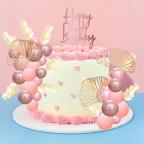 57Pcs Balls Cake Topper Boho Grass Cake topper Pearl Balls Acrylic Happy Birthday Cake Decorations for Wedding Baby Shower Birthday Boho Themed Party Supplies Rose Gold Pink (Rose Gold Pink)