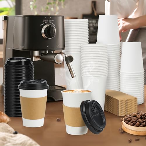 50 Pack 10 oz Disposable Coffee Cups With Lids and Sleeves (White / 10oz-50Pack)