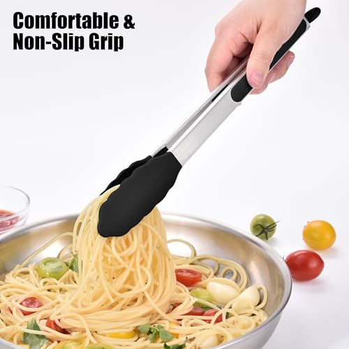 Kitchen Tongs with Silicone Tips for Cooking Serving (12in / Black)