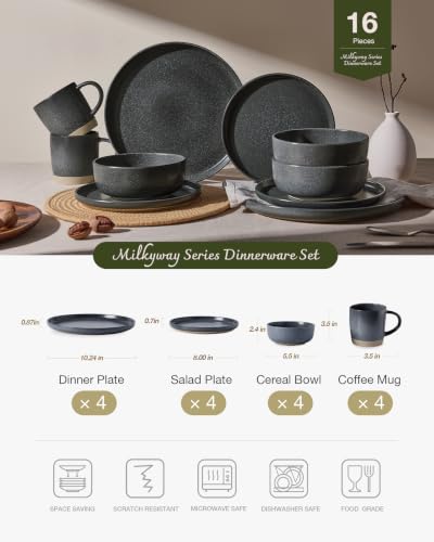 Milkyway 16 Piece Dinnerware Set with Mugs (Matte Dark Charcoal / Service for 4 (Include Mugs))