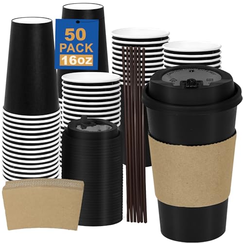16 oz 50 Pack Coffee Cups with Lids and Sleeves (Black- 50packs / 16 oz)