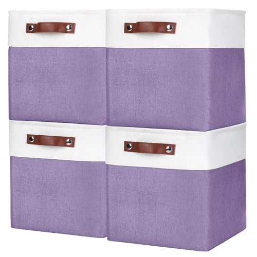 Collapsible Fabric Storage Cubes 11x11 Cube Storage Bins (Purple / Off-White / Cube - 11"x11"x11")