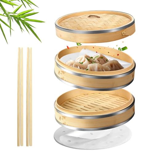 8 Inch Bamboo Steamer Basket Set with Stainless Steel Banding