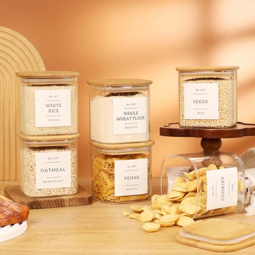 6 Pack Square Glass Pantry Storage Containers with 132 Kitchen Food Pantry Labels
