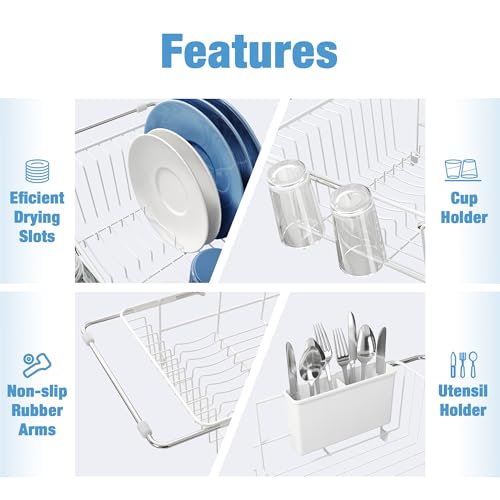 White Dish Drying Rack in Sink with Drainboard and Utensil Holder (White / For 12"-30"w Sink, with Drainboard)