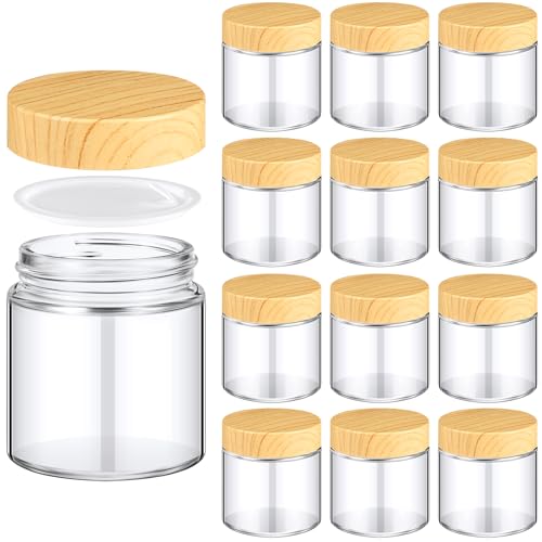 12 Pcs 4oz Glass Jars with Lids Empty Small Glass Containers and Inner Liners Reusable Cosmetic Jars Round Airtight Bottles with Plastic Wood Grain Lids for Travel (12 Count)