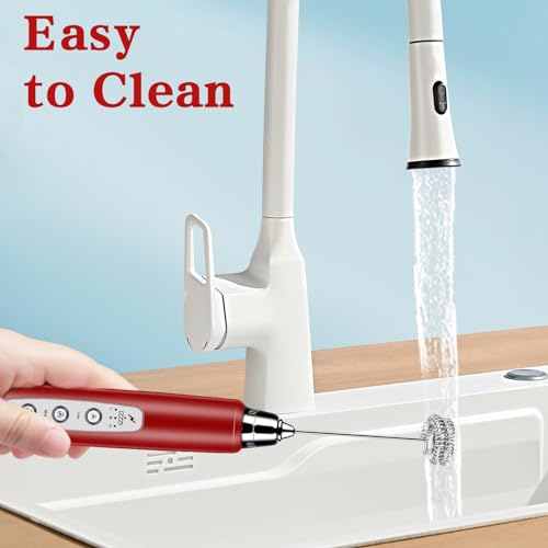 Milk Frother Wand Rechargeable Handheld Whisk Coffee 3 Speed Adjustable (Frother with stand / Red)
