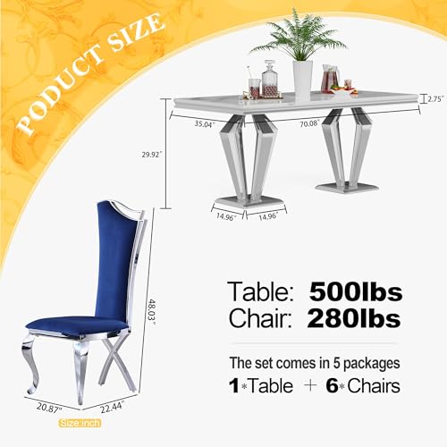 7 Piece Luxury Dining Room Set (Silver White + Blue / Dining Table + 6 High Back Chairs)