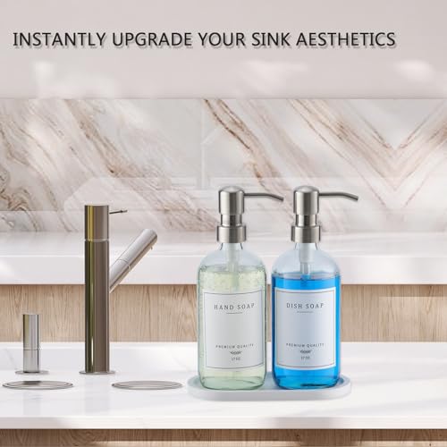 Glass Soap Dispenser (Clear Bottle/Brushed Silver Pump + Tray + Funnel)