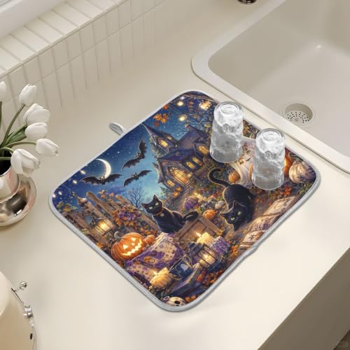 Halloween Night Scene Dish Drying Mat for Kitchen Counter Absorbent Microfiber Small Drying Pad Cats Ghost Dish Mats for Kitchen Countertops 16 x 18 Inch (Halloween Night Scene / 18" x 16")
